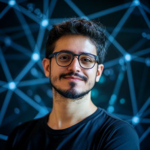 Futuristic digital workspace displaying blockchain-based education models.