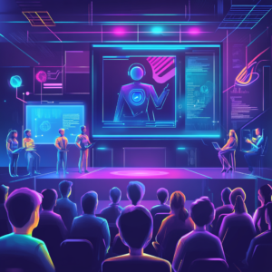Interactive virtual classroom with AI tutor, live video, and engaging digital overlays.