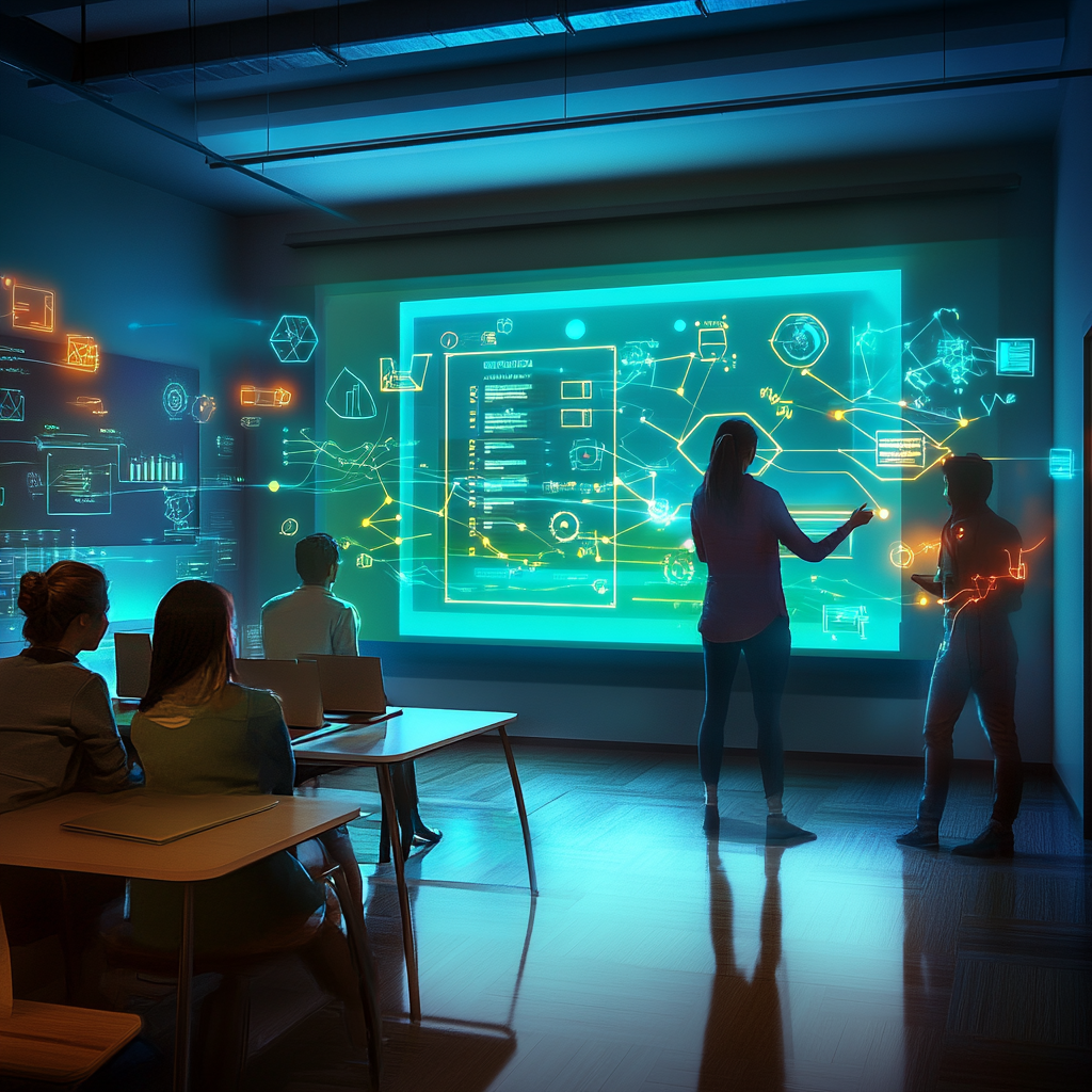 Modern blended learning highlight image combining traditional classroom and digital interactive elements.