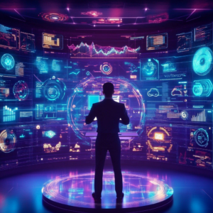 Virtual classroom with digital elements illustrating career growth and online education.