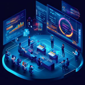 Virtual classroom with digital elements illustrating ROI in eLearning investments.