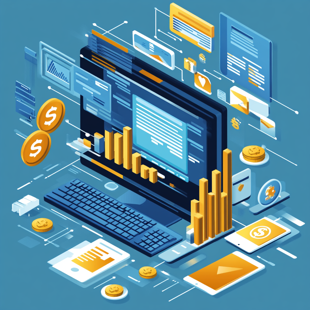 Digital composition highlighting affiliate monetization strategies with revenue graphs and interactive marketing icons.