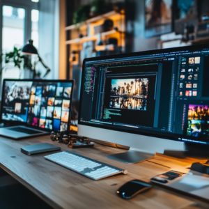 Digital workspace showcasing essential tools for creating engaging online courses.