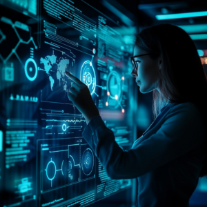 Futuristic ROI dashboard for eLearning with interactive data analytics.