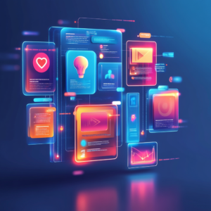 Interactive social media interface with engagement metrics and sharing icons.