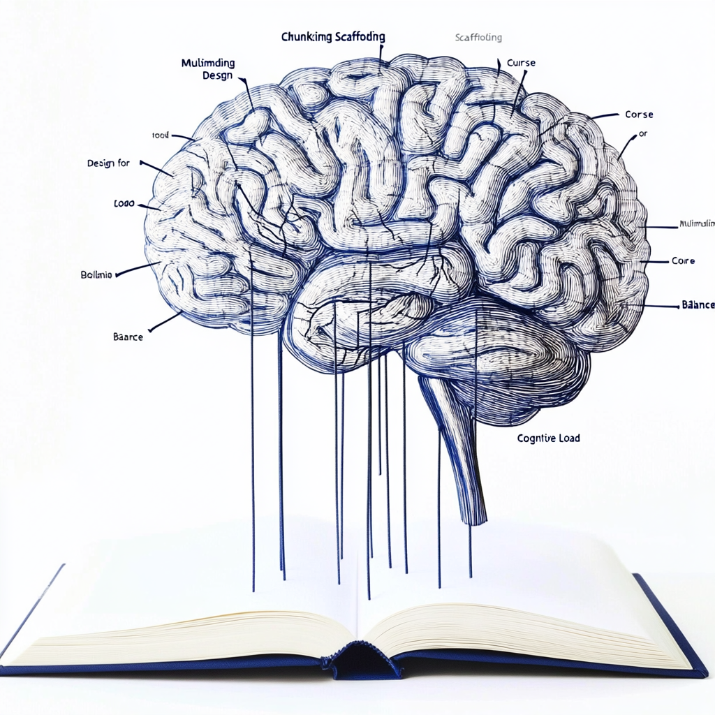 seo-optimized-balancing-cognitive-load-course-design.jpg Graphic of an open book with a brain icon and key terms chunking, scaffolding, multimedia