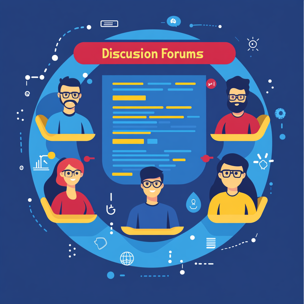 seo-optimized-engaging-discussion-forums-online-learners.jpg Flat-style graphic of an online discussion forum with avatars and speech bubble